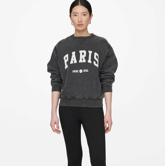 Anine Bing Sweaters - Anine Bing Ramona Gray Paris Logo Sweatshirt